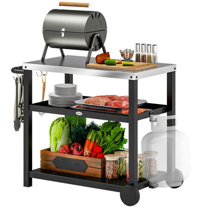 Outdoor Grill Dining Cart 3-Shelf Movable Pizza Oven Table Stand with Stainless Steel Top