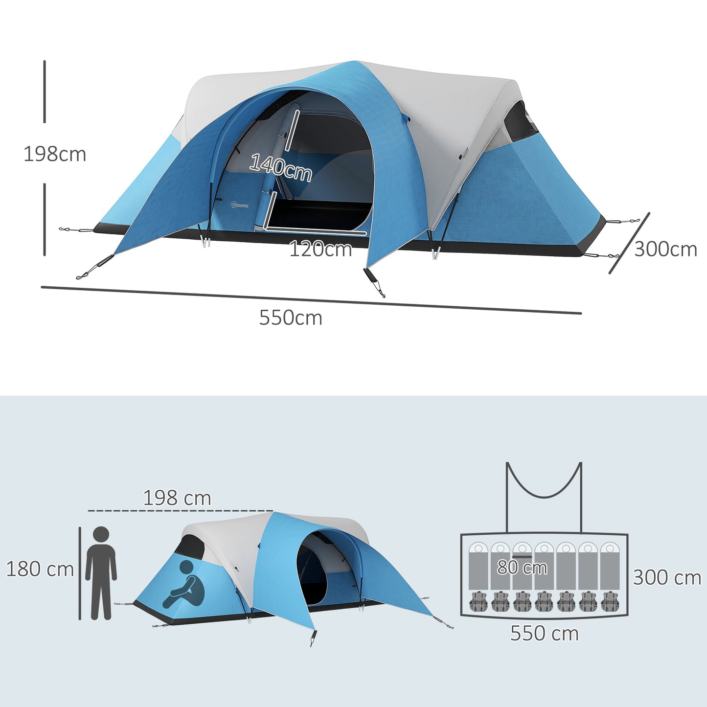 3000mm Waterproof Camping Tent for 7 Man, Family Tent with Porch and Sewn in Groundsheet, Portable with Bag, Blue