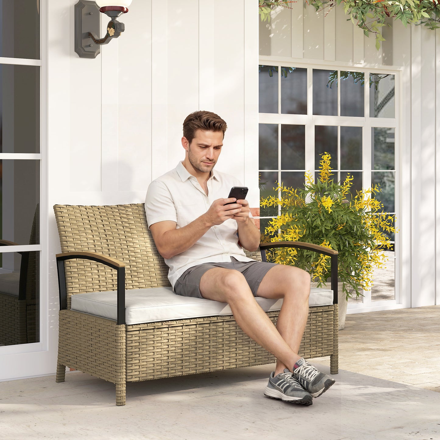 125L Garden Storage Bench, 2 Seater PE Rattan Outdoor Bench Storage Box with Padded Cushion, Khaki