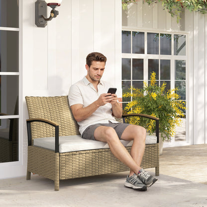 125L Garden Storage Bench, 2 Seater PE Rattan Outdoor Bench Storage Box with Padded Cushion, Khaki