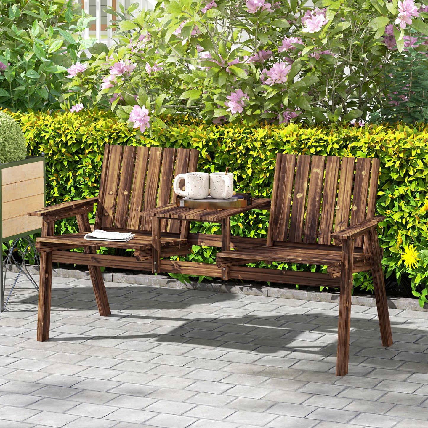 2-Seater Garden Loveseat with Table and Parasol Hole for Porch, Patio, Carbonised Finish