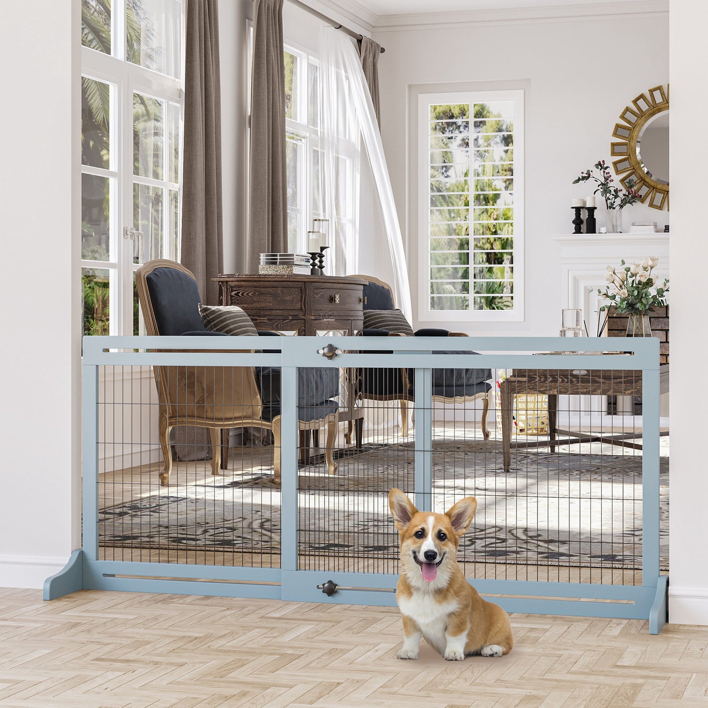 Freestanding Dog Gate, Foldable Pet Fence, Indoor Wood Barrier, Stair Gate with Support Feet, for Doorway, Hallway