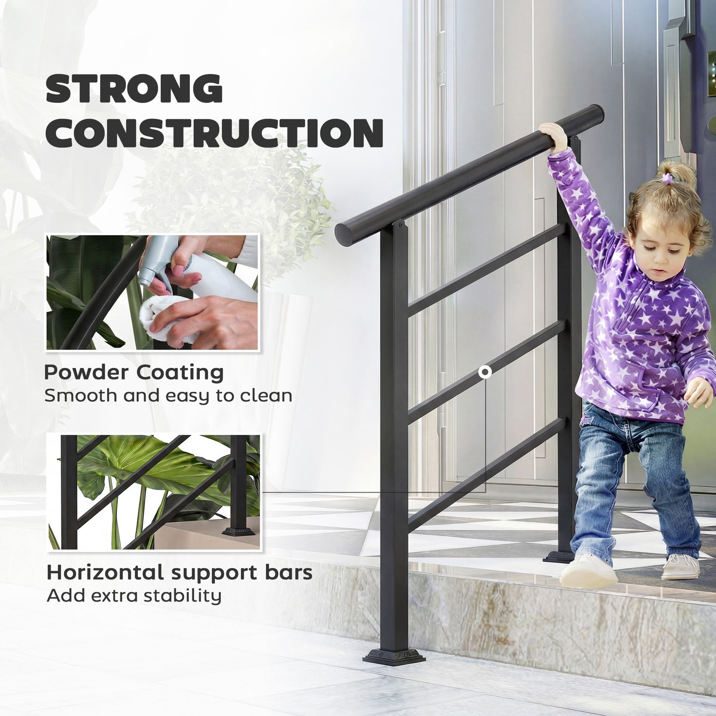 Outdoor Handrail for Stairs, 0°-45° Adjustable Wrought Iron Exterior Handrail, Fit 1 to 3 Steps Stair Railing