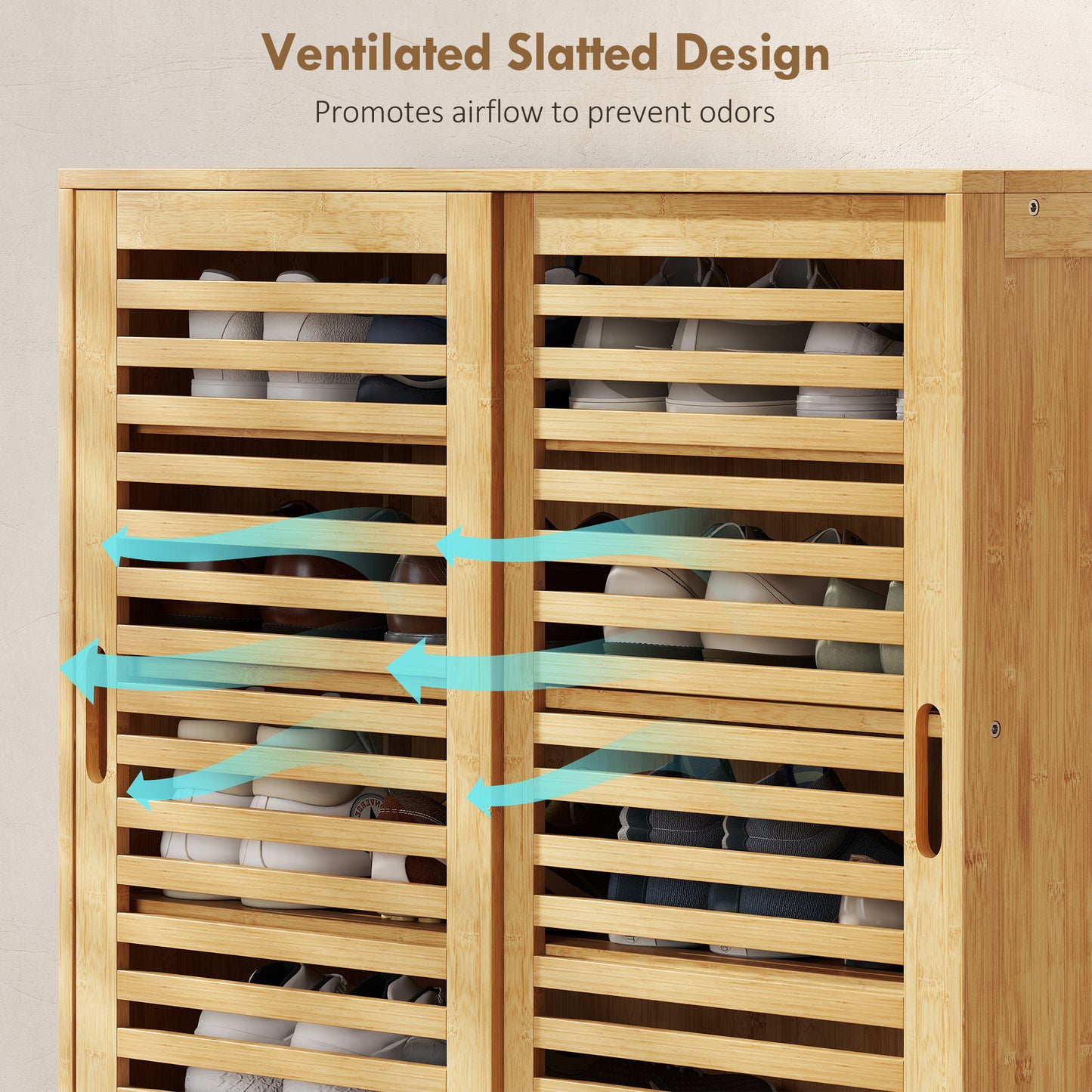 Bamboo Shoe Cabinet with 2 Sliding Slat Doors, 16Pairs, Adjustable Shelves, Natural