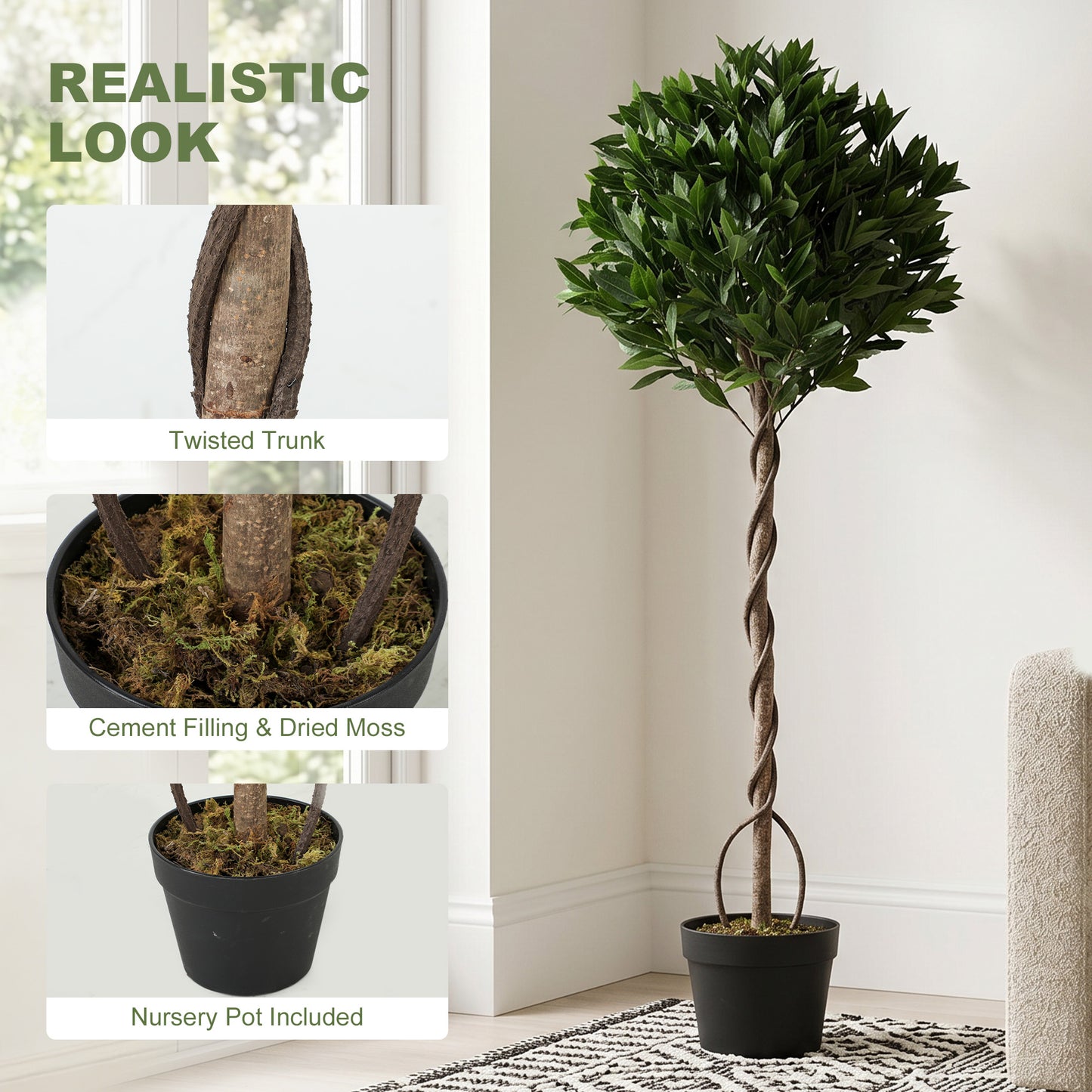 Realistic Lush Topiary Ball Tree, Artificial Bay Laurel Topiary Trees with Weighted Pot, Set of 2, Green