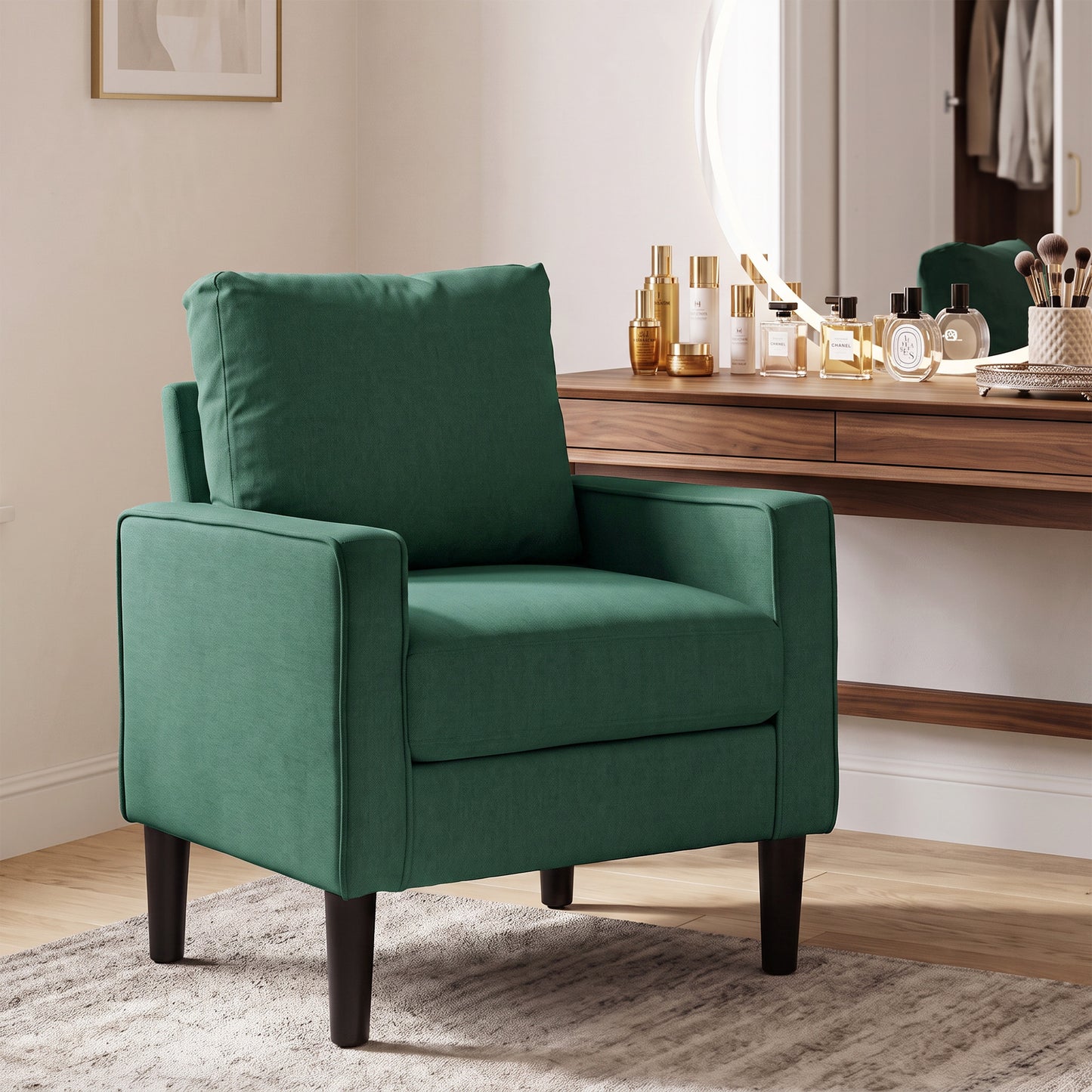 Accent Chair, Removable Pillow Linen Armchair with Comfy Spring Cushion for Living Room, Bedroom, Study, Dark Green