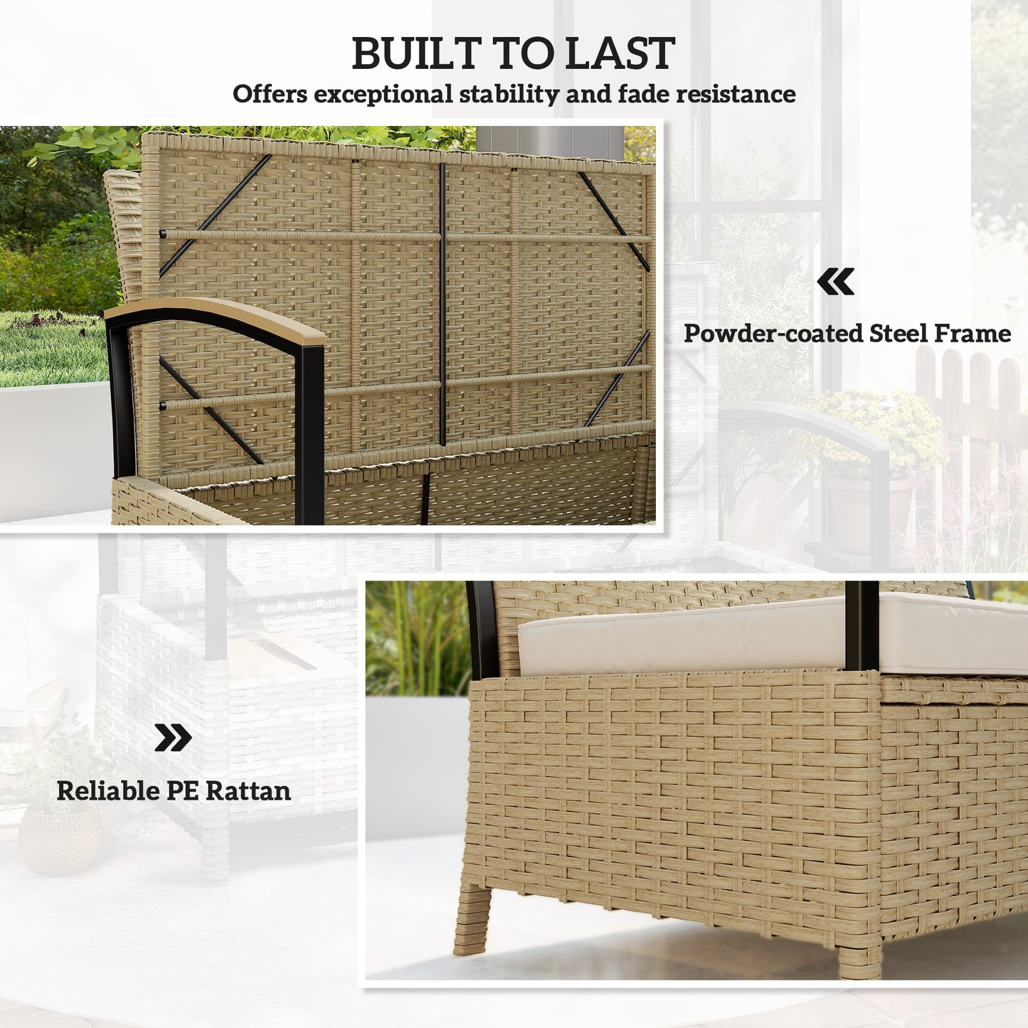 125L Garden Storage Bench, 2 Seater PE Rattan Outdoor Bench Storage Box with Padded Cushion, Khaki