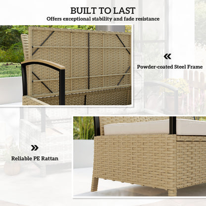 125L Garden Storage Bench, 2 Seater PE Rattan Outdoor Bench Storage Box with Padded Cushion, Khaki
