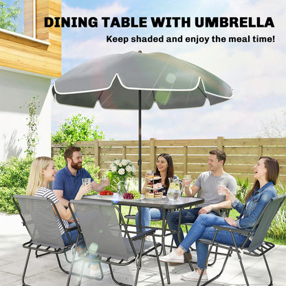 8 Piece Garden Dining Set with Umbrella, Garden Furniture Set with 6 Folding Chairs, Tempered Glass Table for Patio Grey