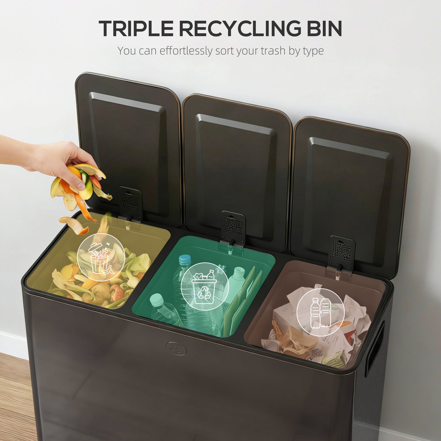 3 x 15L Pedal Bin, Steel Triple Kitchen Bin with Soft Close Lid, Removable Inner Buckets, Fingerprint-Proof, Black
