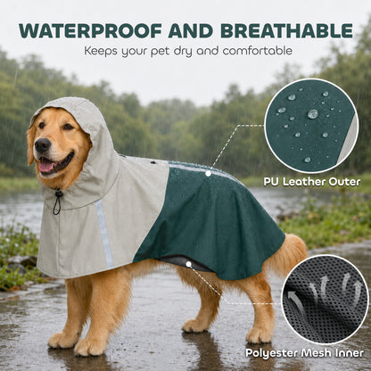 Dog Raincoat with Hood, Waterproof & Breathable Rain Jacket with Leash Hole, for Large Dogs, Green, L