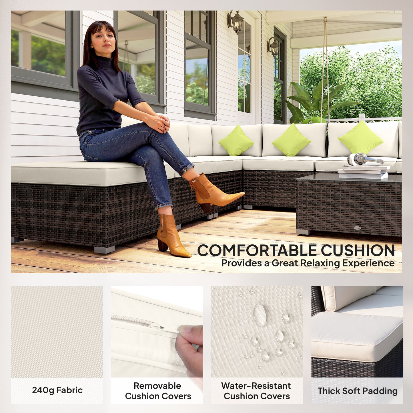8 Piece Rattan Corner Sofa Set with Wide & Deep Seat, Assembled Aluminium PE Rattan Garden Furniture Set with Thick Cushions