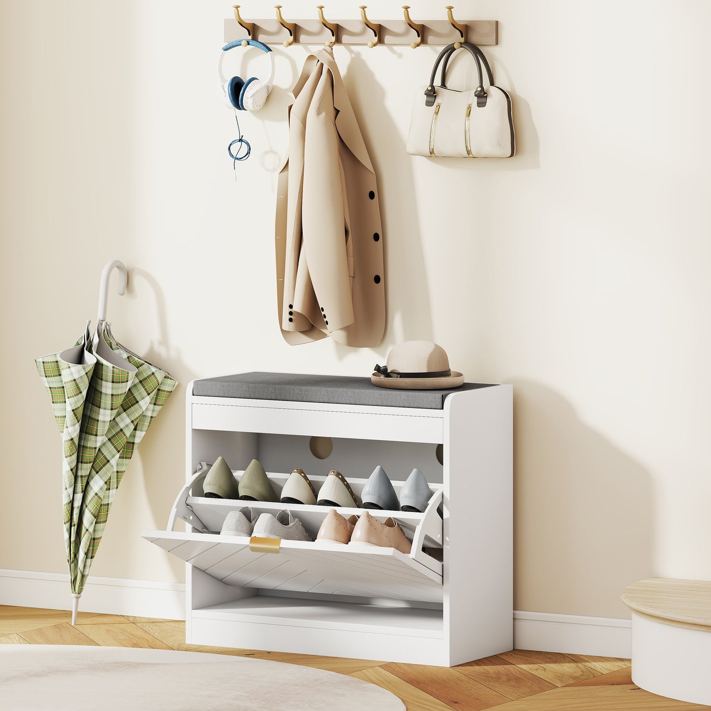Shoe Storage with Seat, Upholstered Entryway Bench, Shoe Bench with 1 Flip Drawer and 4 Vents for 5 Pairs of Shoes