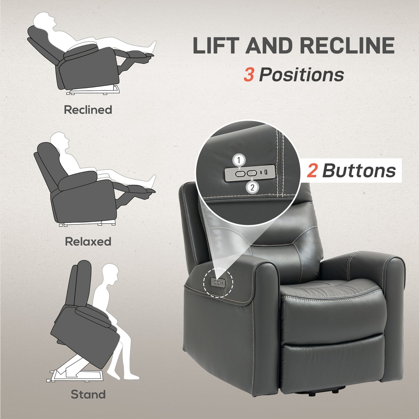 Power Lift Recliner Chair for Elderly, Overstuffed Faux Leather Riser and Reclining Chair with USB A+C Ports