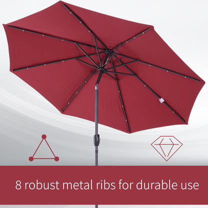 Φ2.7m Garden 24 LED Light Parasol Solar Outdoor Tilt Sun Umbrella Patio Club Party Event Manual Sun Shade w/ Hand Crank and 8