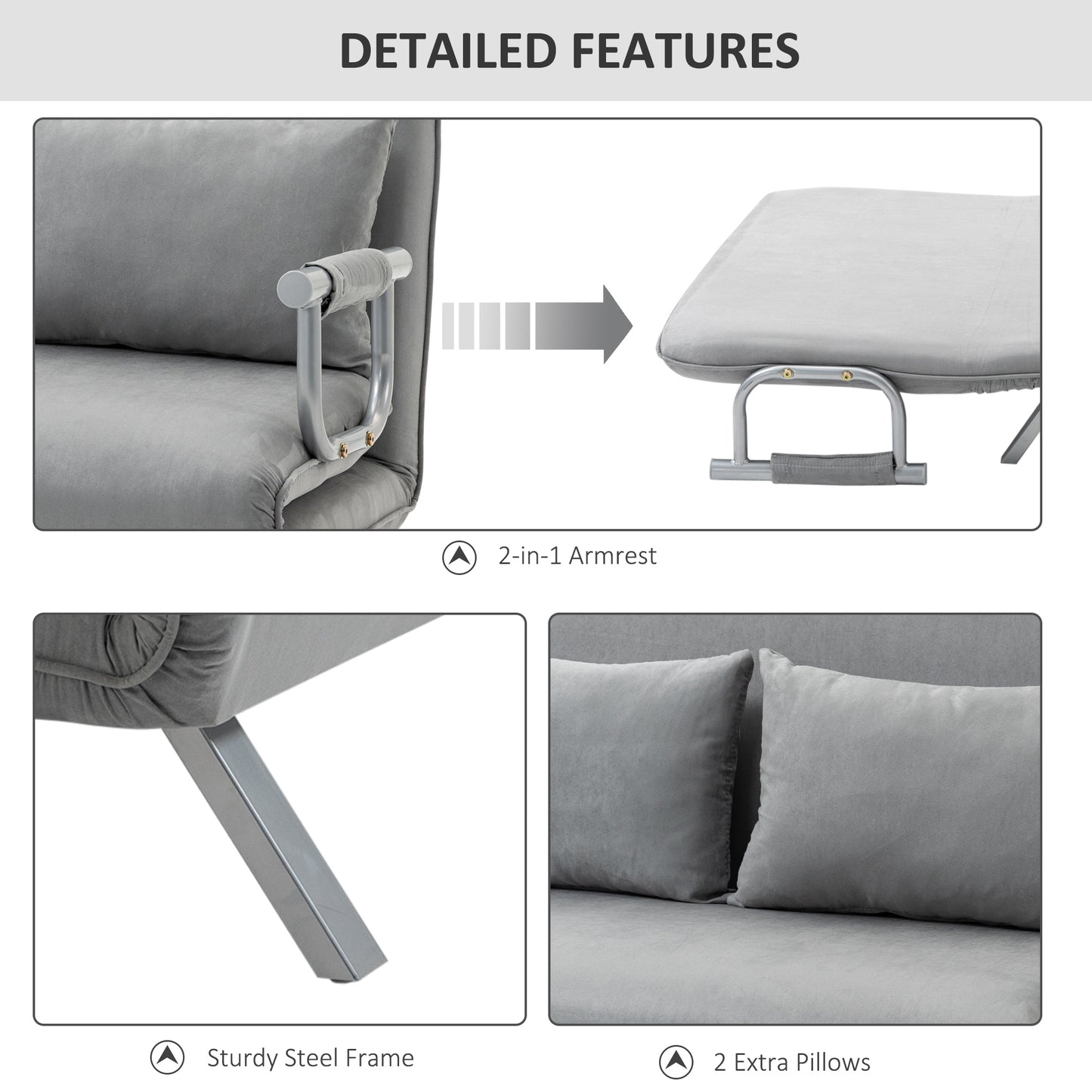 Two-Seater Click-Clack Sofa Bed with Pillows - Light Grey