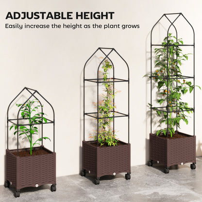 Raised Garden Bed with Trellis, Tomato Cage with Lockable Wheels, Self Watering Planter Box with Drainage Holes, Brown
