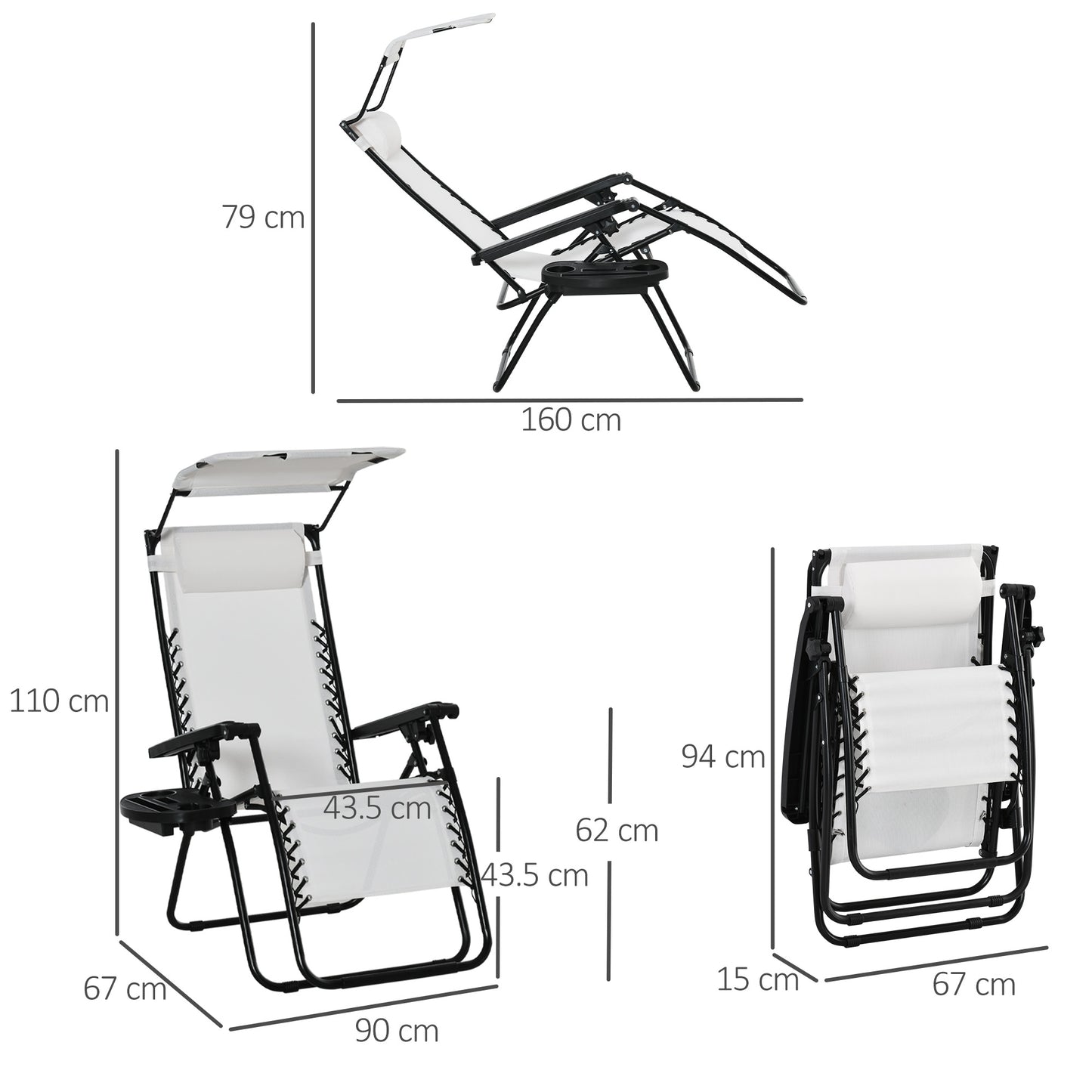 Zero Gravity Garden Folding Patio Sun Lounger w/Cup Holder & Canopy Shade White