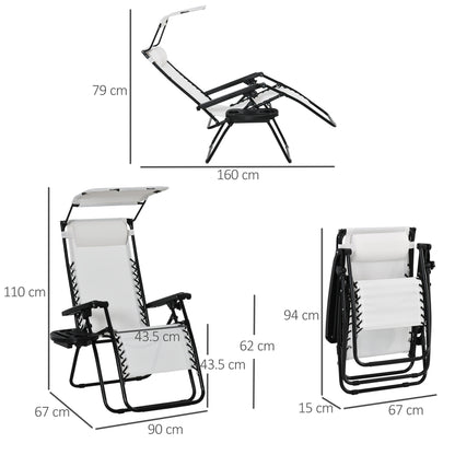 Zero Gravity Garden Folding Patio Sun Lounger w/Cup Holder & Canopy Shade White