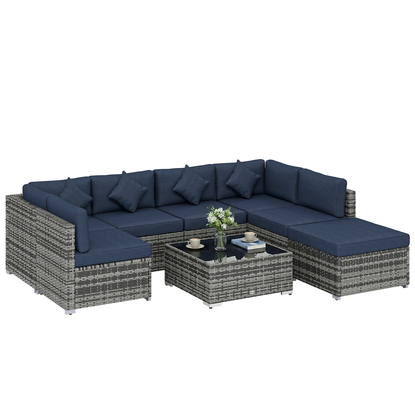 8 Pieces PE Rattan Corner Sofa Set, Outdoor Garden Furniture Set, Patio Wicker Sofa Seater with Cushion, Dark Blue