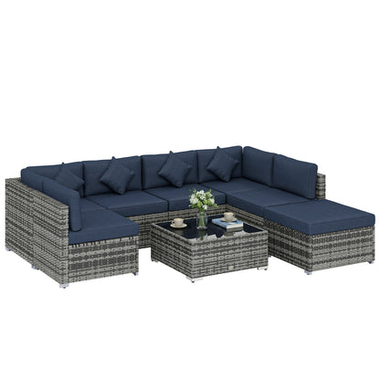 8 Pieces PE Rattan Corner Sofa Set, Outdoor Garden Furniture Set, Patio Wicker Sofa Seater with Cushion, Dark Blue