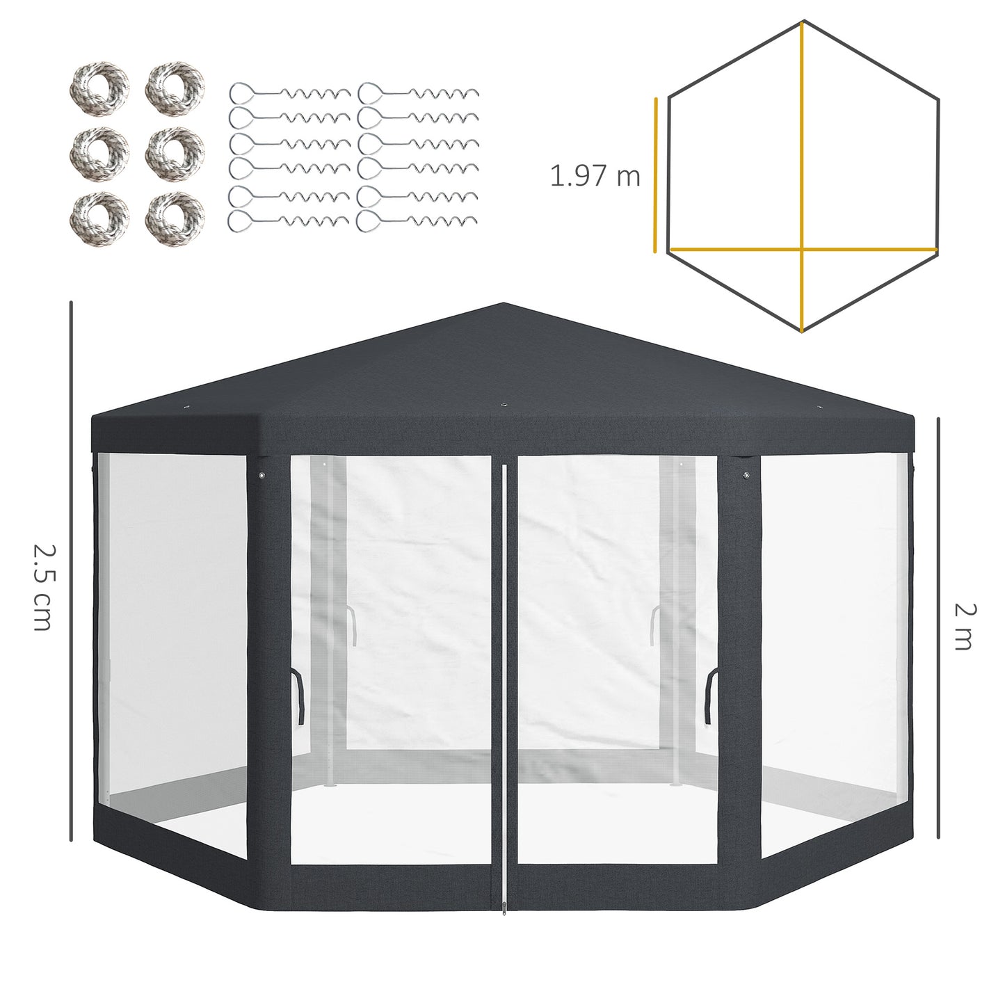 4M Hexagon Gazebo, Netting Party Tent, Patio Canopy Outdoor Event Shelter for Activities, Shade Resistant, Dark Grey