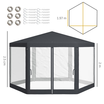 4M Hexagon Gazebo, Netting Party Tent, Patio Canopy Outdoor Event Shelter for Activities, Shade Resistant, Dark Grey