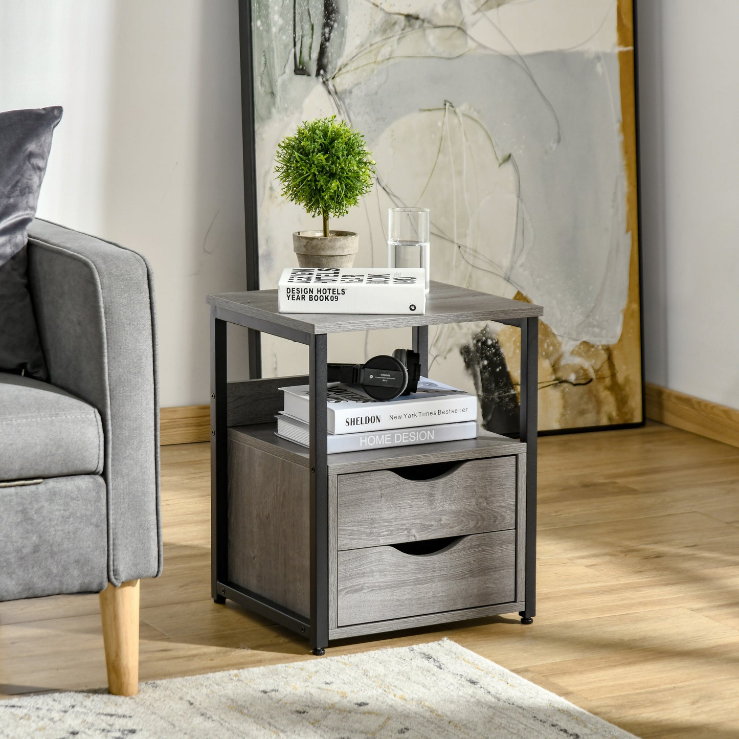 Industrial Side Table with Drawer, Sofa Table, Bedside Cabinet with Storage Shelf, Slim Nightstand for Living Room, Bedroom