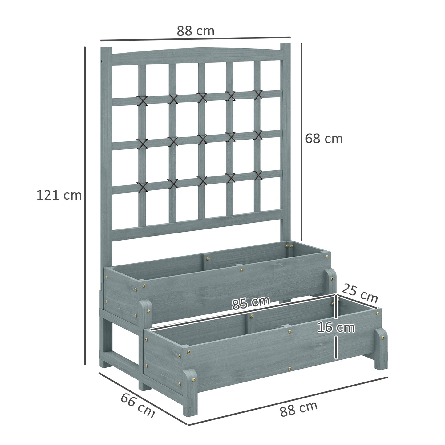 2-Tier Raised Garden Bed with Trellis, Wooden Elevated Planter Box with Drainage Holes