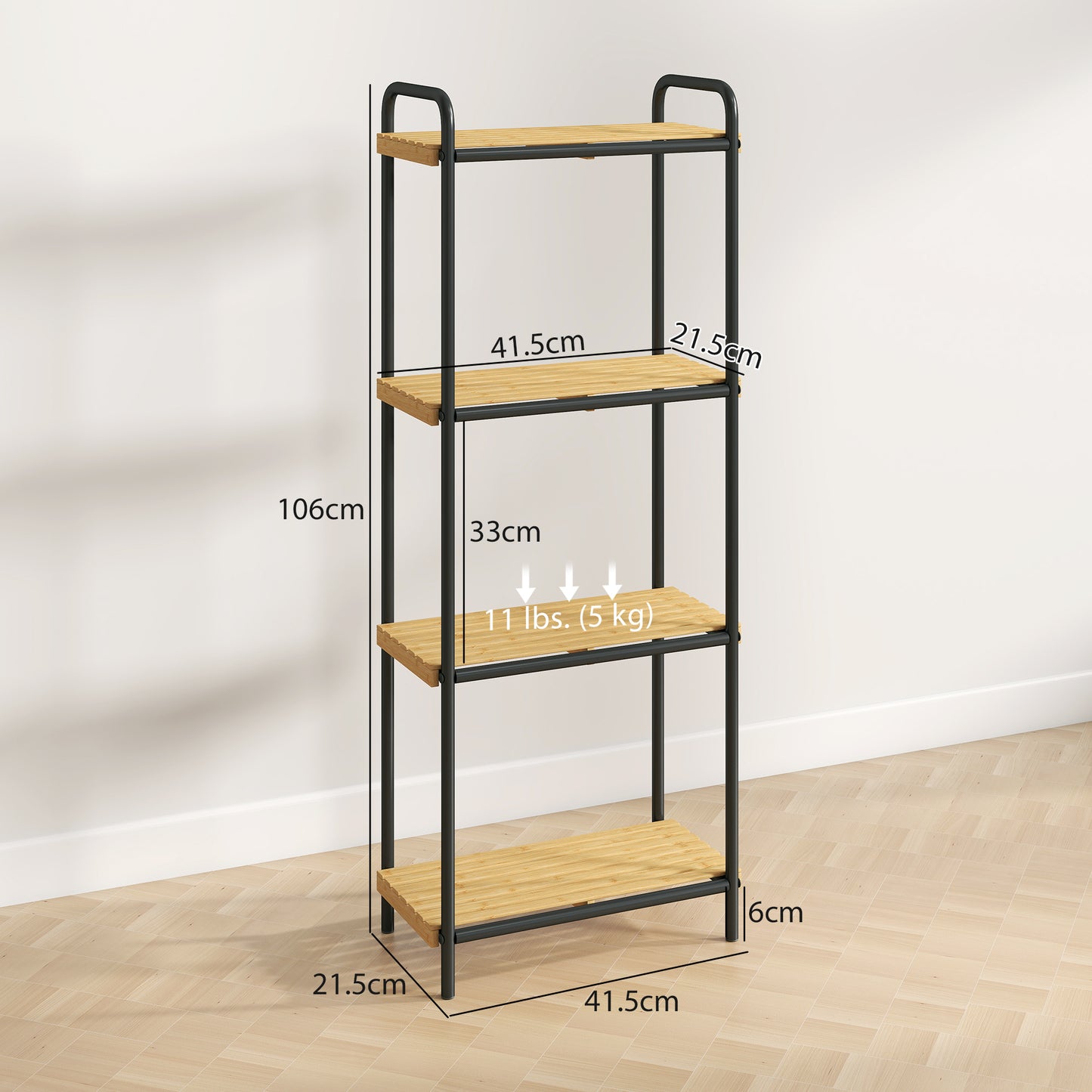 4-Tier Bamboo Bathroom Storage Shelf, Freestanding Narrow Shelving Unit