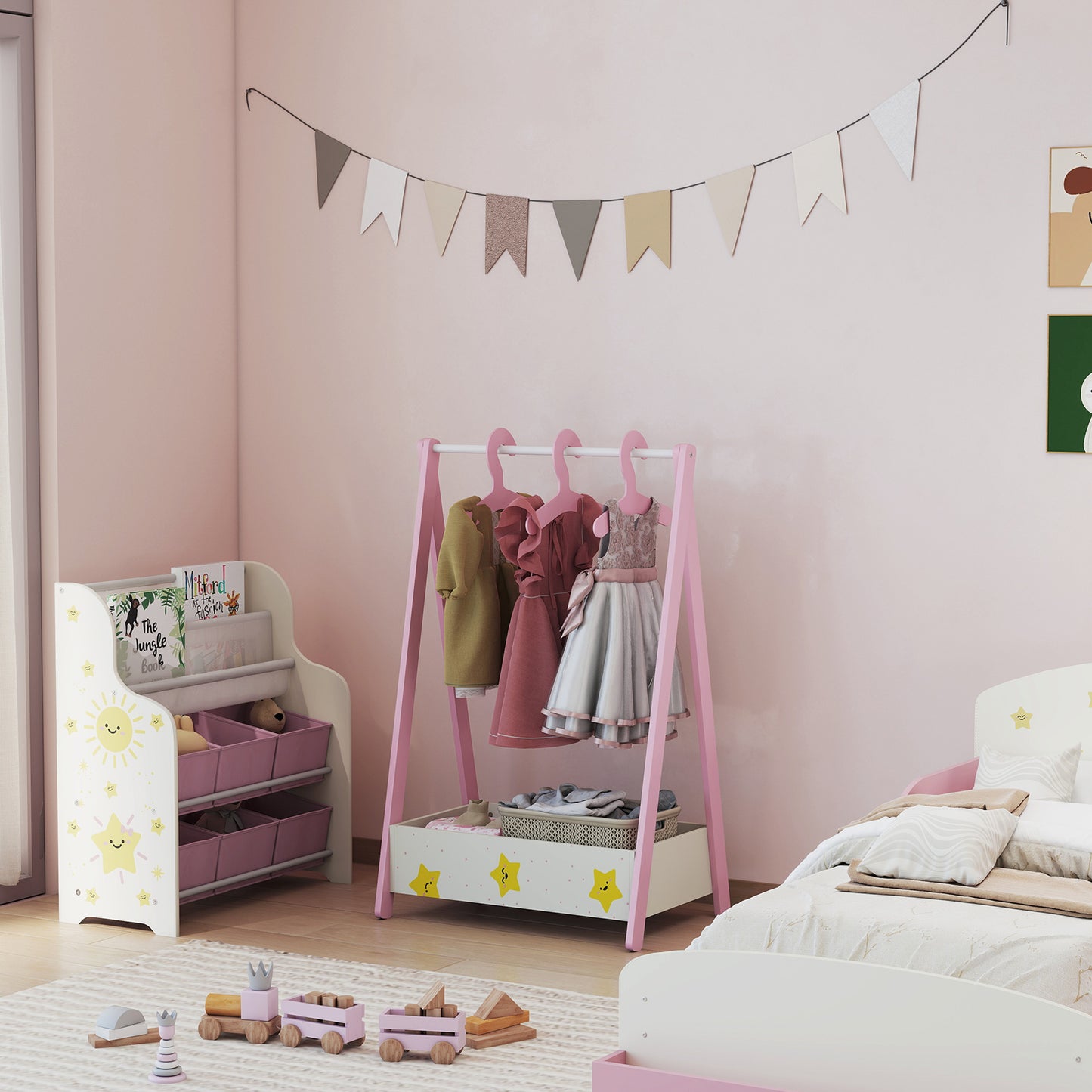 Baby Clothing Rack with Hangers, Storage Shelf for Bedroom, Star Theme, for Ages 3-6, Pink