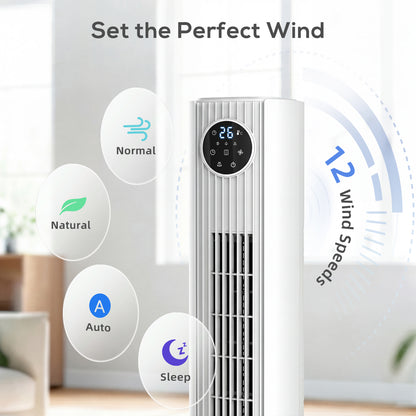 28dB Tower Fan for Bedroom, 36 inch, 8 m/s Velocity Standing Cooling Fan with 80° Oscillating, BLDC Motor, 12 Speeds