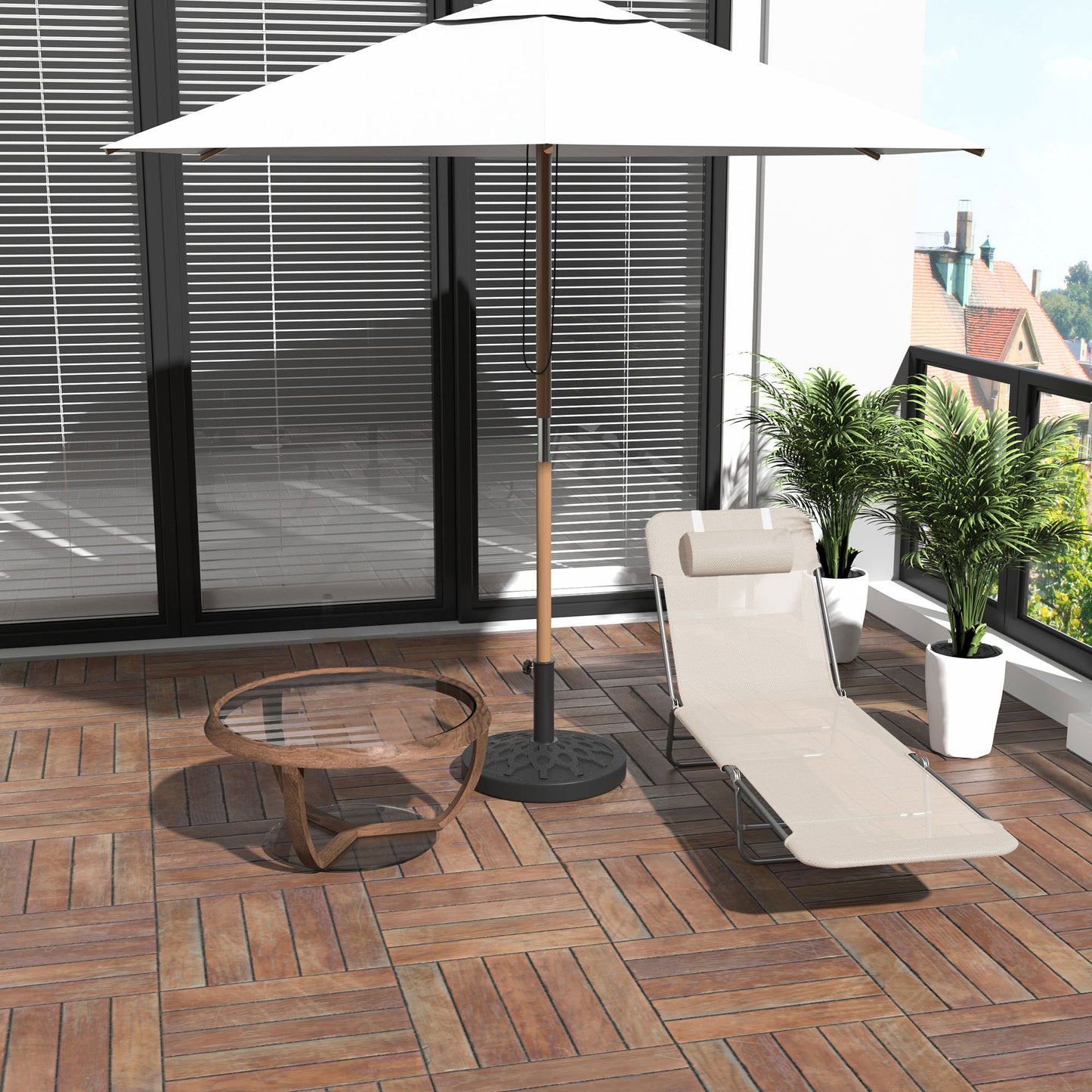 Folding Sun Lounger, Texteline Reclining Sun Bed with 5 Position Adjustable Backrest, Headrest, Beige