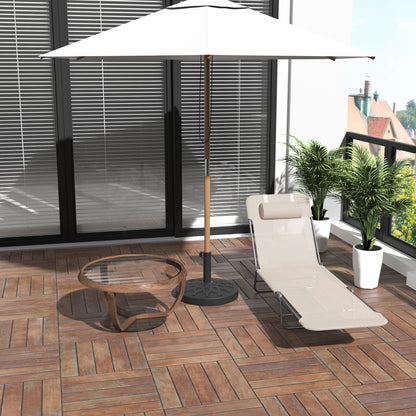 Folding Sun Lounger, Texteline Reclining Sun Bed with 5 Position Adjustable Backrest, Headrest, Beige