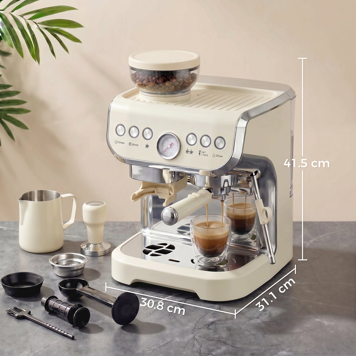 15 Bar Coffee Machine, with Adjustable Grind, Steamer and Accessories - Cream White