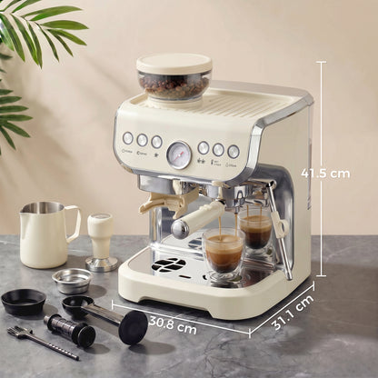 15 Bar Coffee Machine, with Adjustable Grind, Steamer and Accessories - Cream White