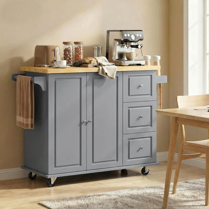 Kitchen Island on Wheels, Rolling Kitchen Storage Trolley with Drop Leaf, Drawers, Towel and Spice Rack, Grey