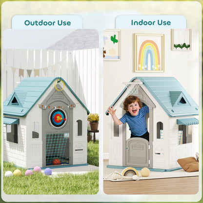 5-in-1 Playhouse for Kids Outdoor Indoor with Basketball Hoop, Football Goal, Dartboard, Ring Toss for 2-5 Years, Beige