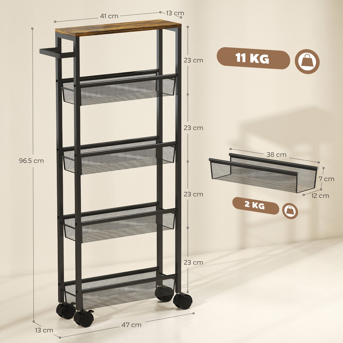 Slim Storage Trolley, 5-Tier Kitchen Cart on Wheels with Wood-effect Top, Handle for Living Room, Bathroom, Black