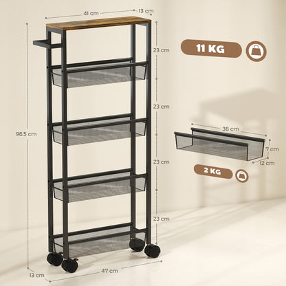 Slim Storage Trolley, 5-Tier Kitchen Cart on Wheels with Wood-effect Top, Handle for Living Room, Bathroom, Black