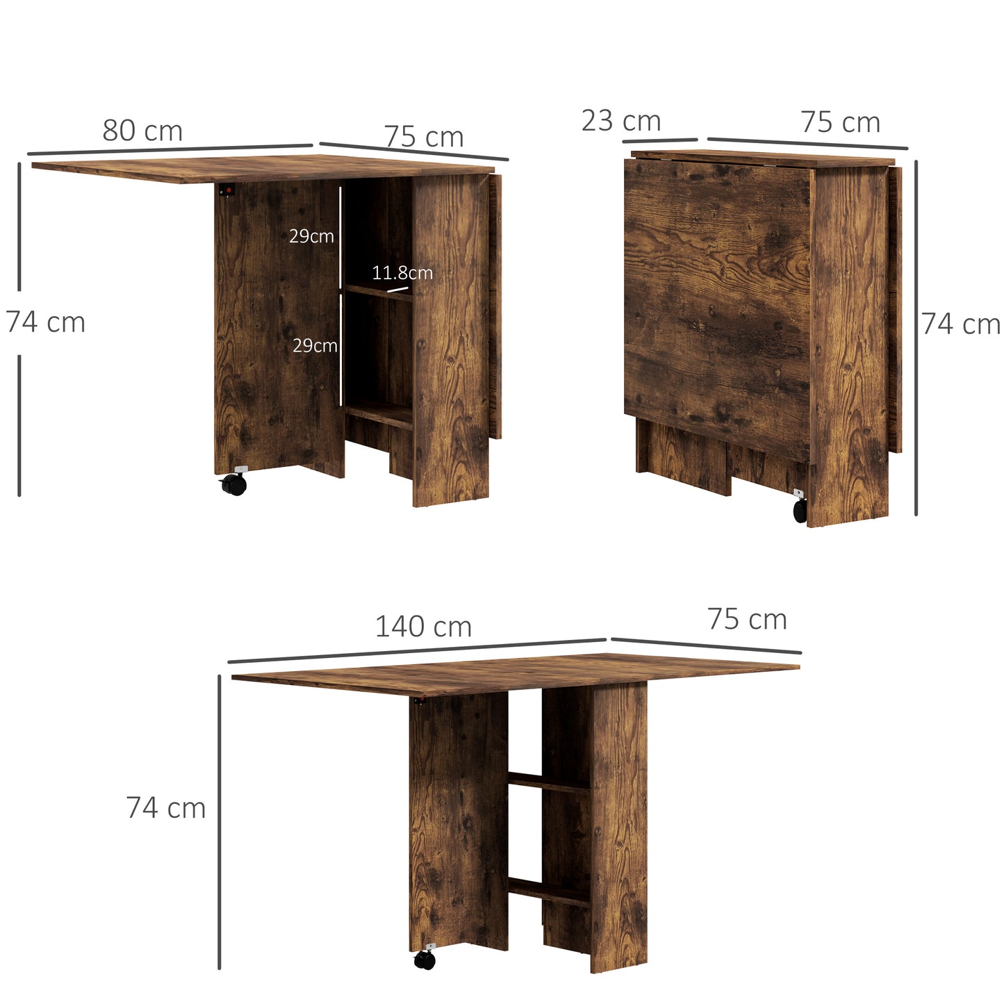 80-140 cm Folding Dining Table for 4-6 People, Drop Leaf Table with 2-Tier Shelves, Rolling Casters, Rustic Brown