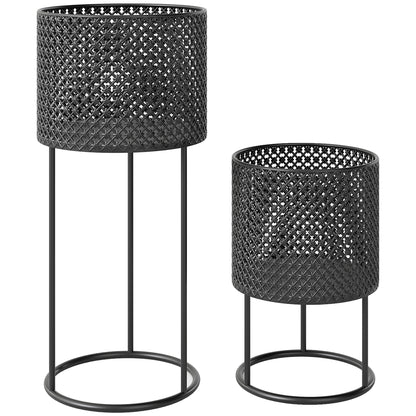 Metal Plant Pots Set of 2 with Hollow Design Flower Planters for Garden Balcony Black