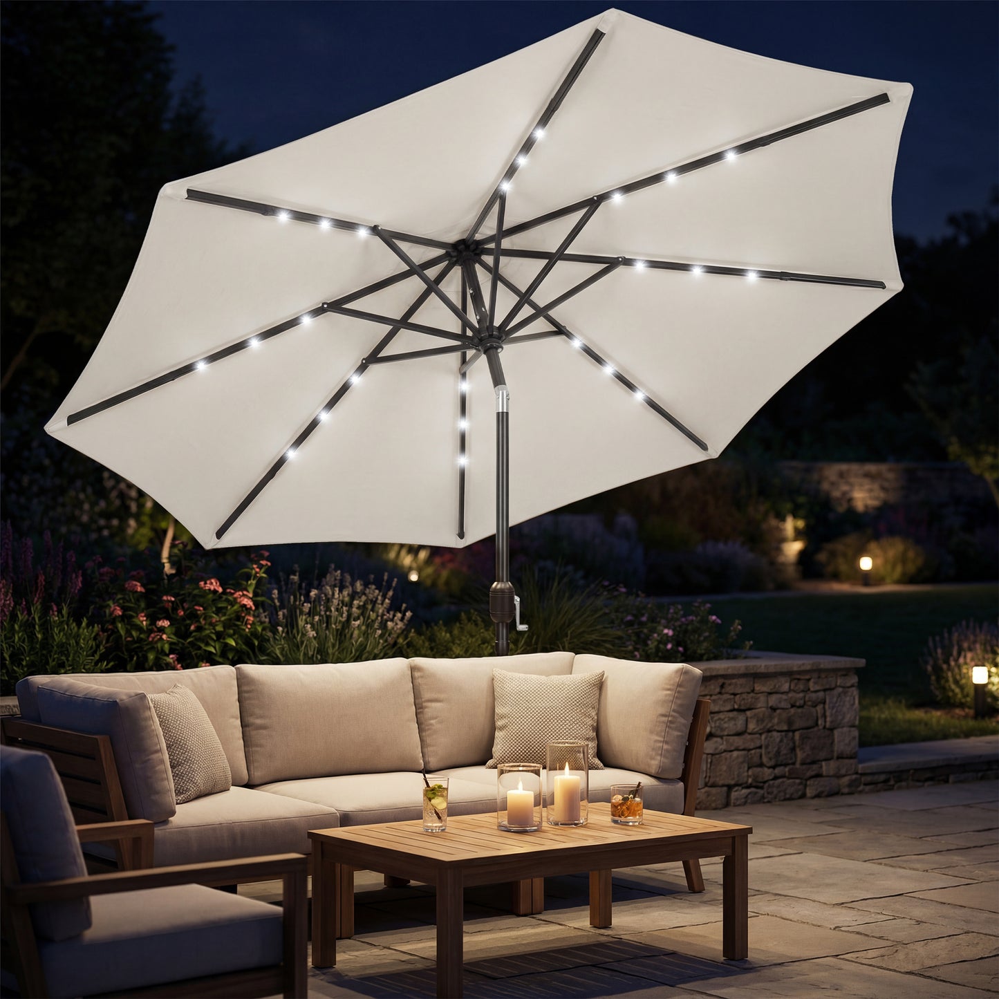 2.6 m Garden Parasol Umbrella with LED Solar Light, Parasol Cover, Outdoor Market Patio Umbrella, Cream White