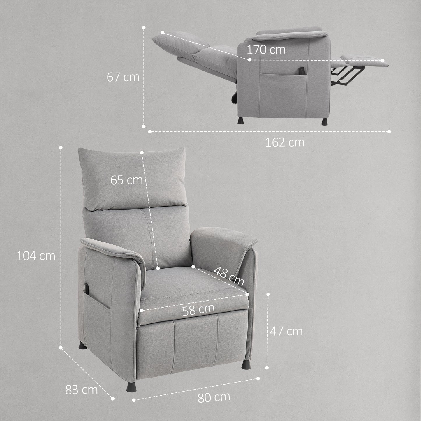 Power Recliner Chair, Reclining Chair with Remote, Pocket Springs, Silent Motor and Side Pockets, Grey
