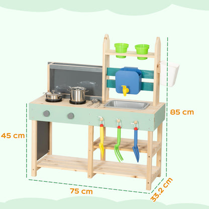 Mud Kitchen with Working Faucet, Kids Play Kitchen with Flower Pots, Kitchen Accessories, Planting Tools, Blue