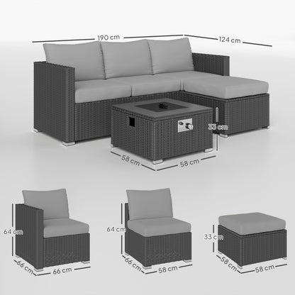 Five Piece Rattan Garden Furniture Set with Gas Fire Pit Table and Footstool - Grey