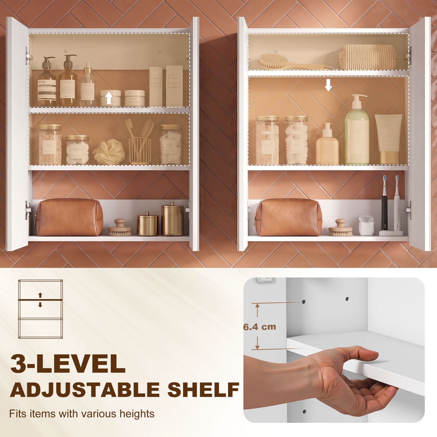 Wall Mounted Bathroom Mirror Storage Cabinet w/ Door Adjustable Shelf, White