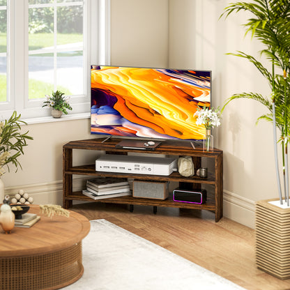 Corner TV Stand with 2 Open Shelves for 47 Inch TV - Rustic Brown