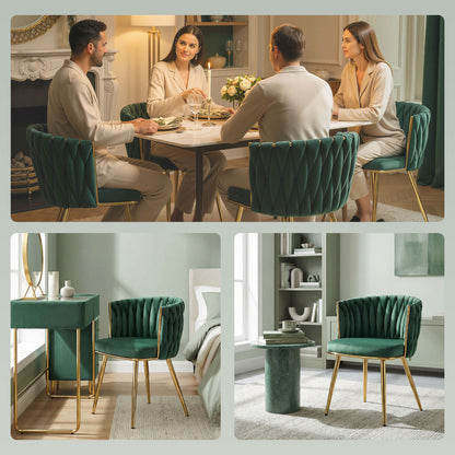 Velvet-Feel Dining Chairs Set of 2, Modern Upholstered Armchair with Knot Design and Golden Metal Legs