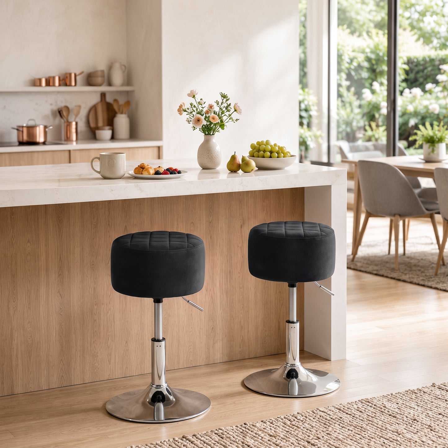 Bar Stool Adjustable Swivel Chair Velvet-Feel Seat 1 Piece, Black